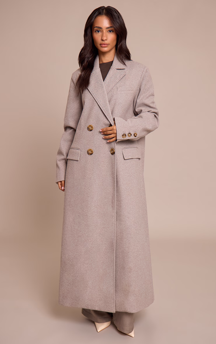Petite Beige Herringbone Double Breasted Maxi Coat