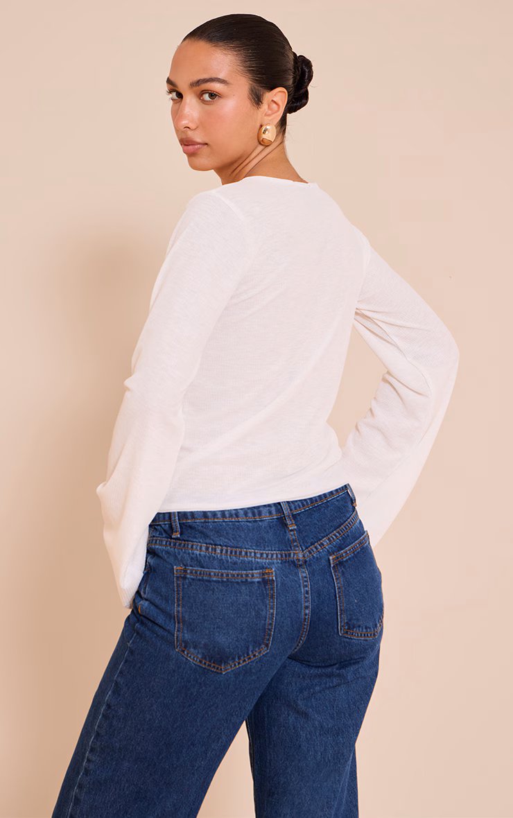 Ecru Rib Onion Skin Flare Long Sleeve Top
