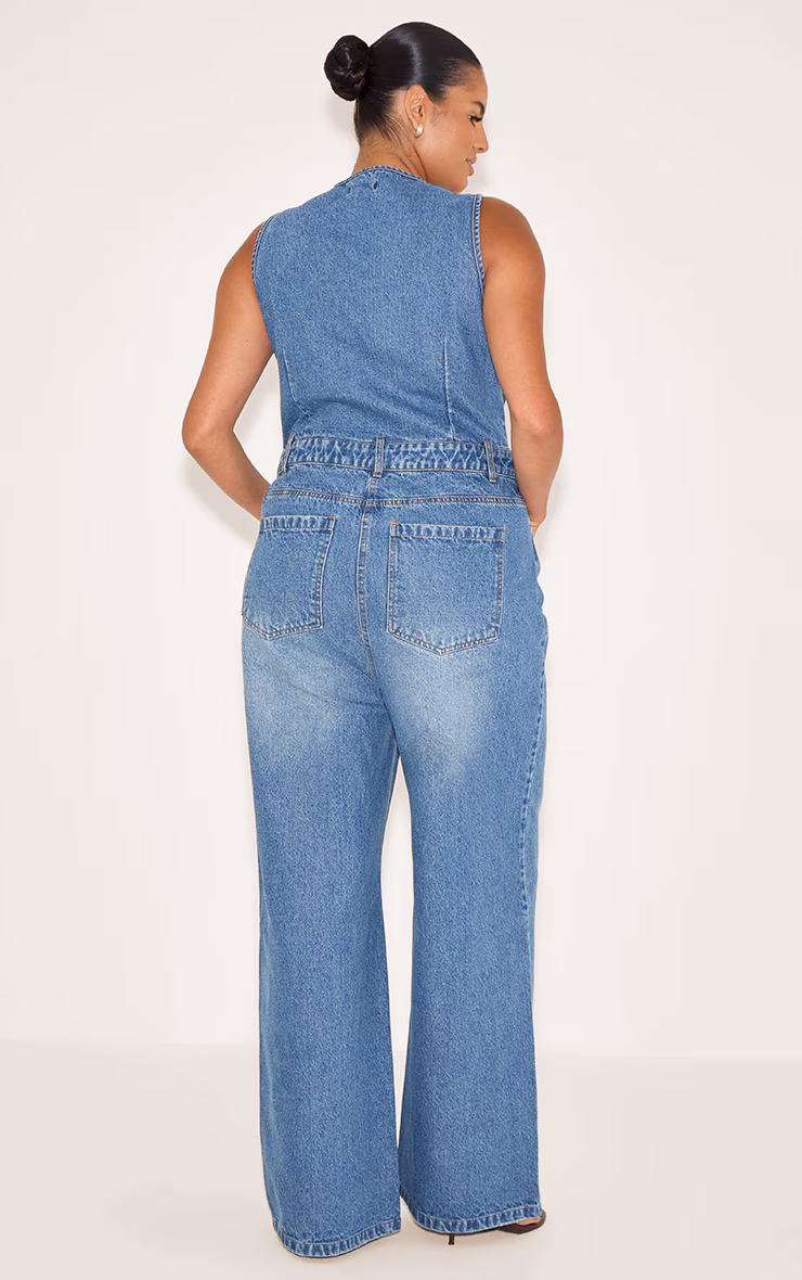 Plus Mid Blue Wash Sleeveless Shirt Denim Jumpsuit
