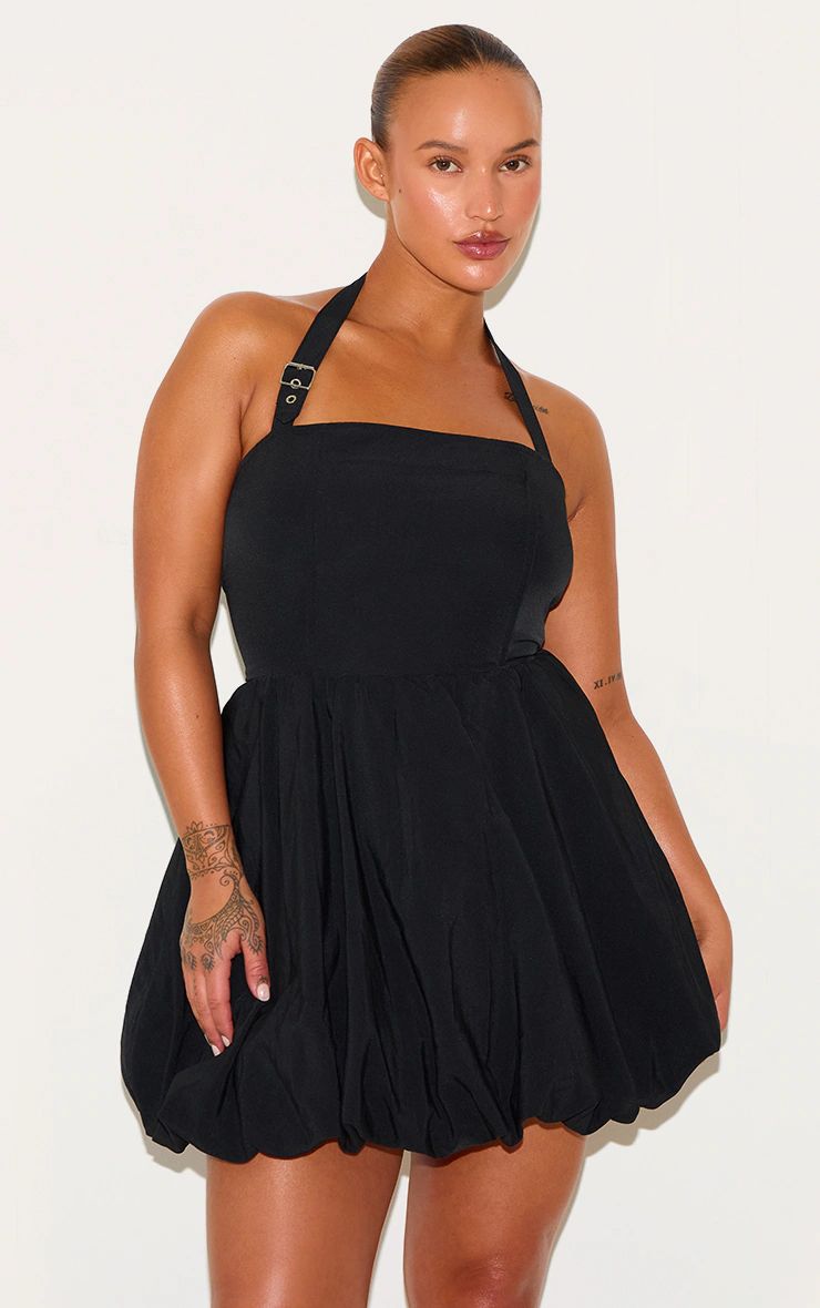 Plus Black Buckle Detail Halterneck Puffball Mini Dress
