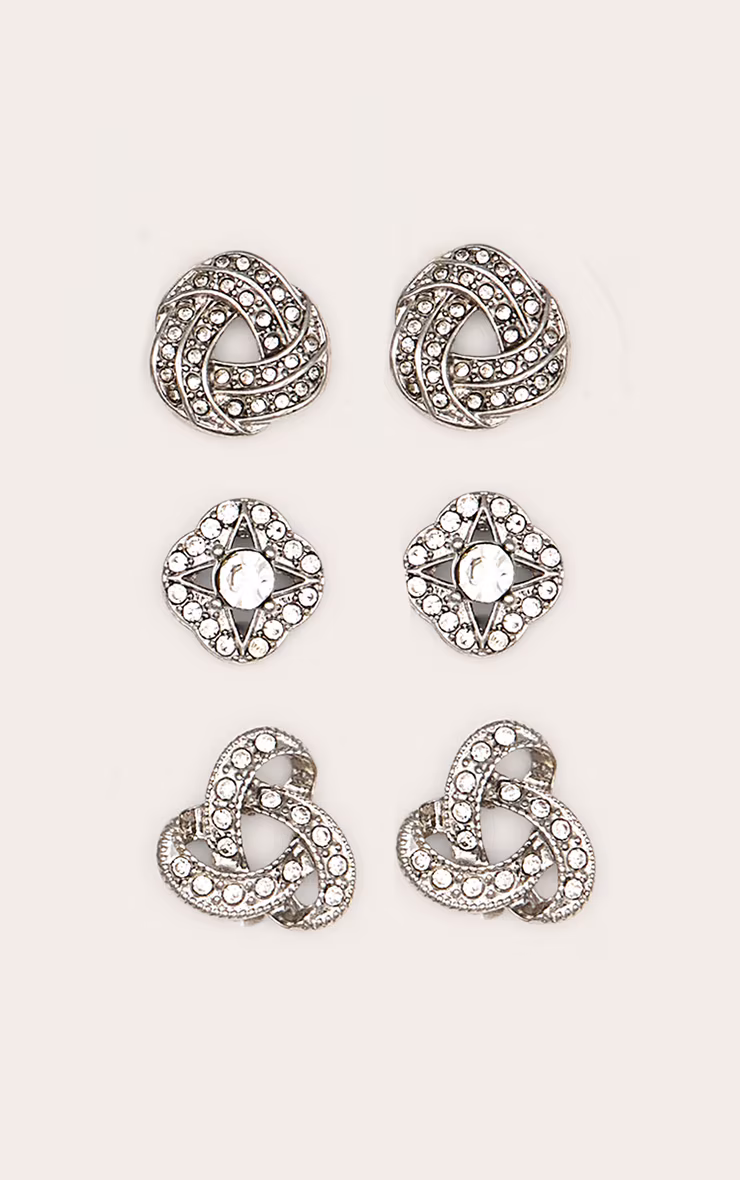 Silver Diamante Knotted Stud Earrings Multi Pack