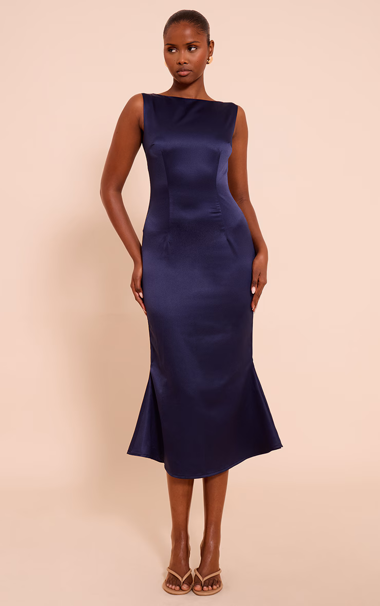 Navy Satin Boat Neck Fishtail Midaxi Dress