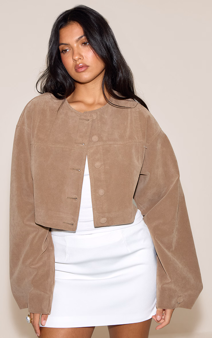 Beige Cropped Ruched Sleeve Detail Suede Jacket