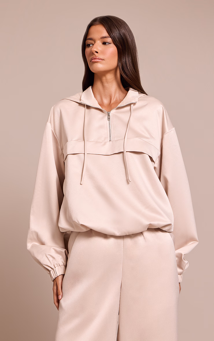 Oyster Satin Zip Up Hooded Pullover Jacket