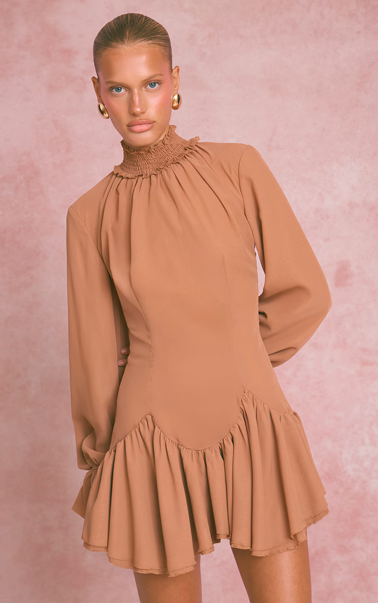 Peach Chiffon Frill Hem Shift Dress
