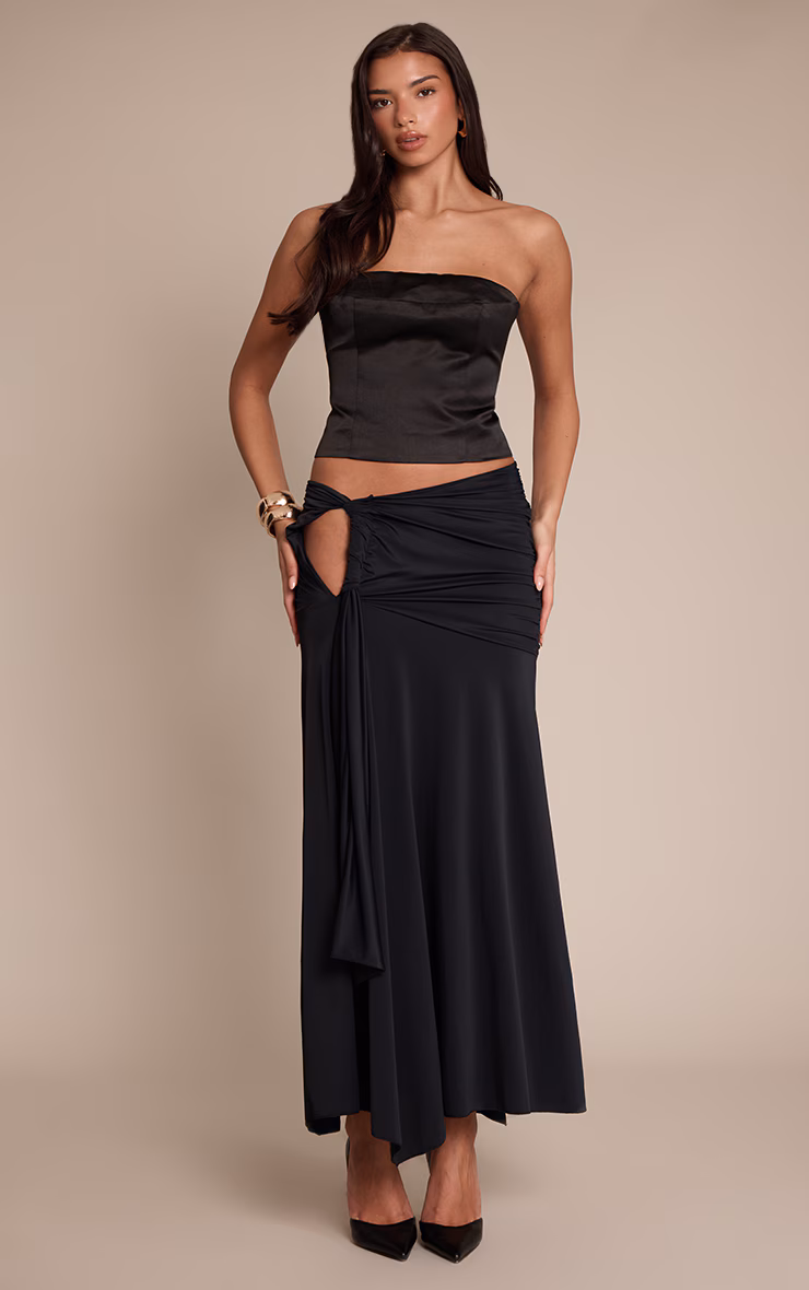 Black Matte Sculpt Drape Detail Floaty Maxi Skirt