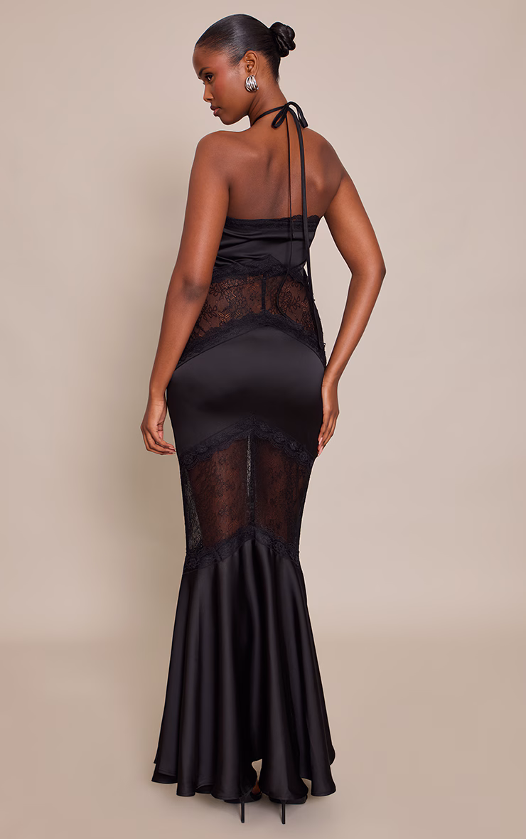 Black Satin Halterneck Lace Maxi Dress