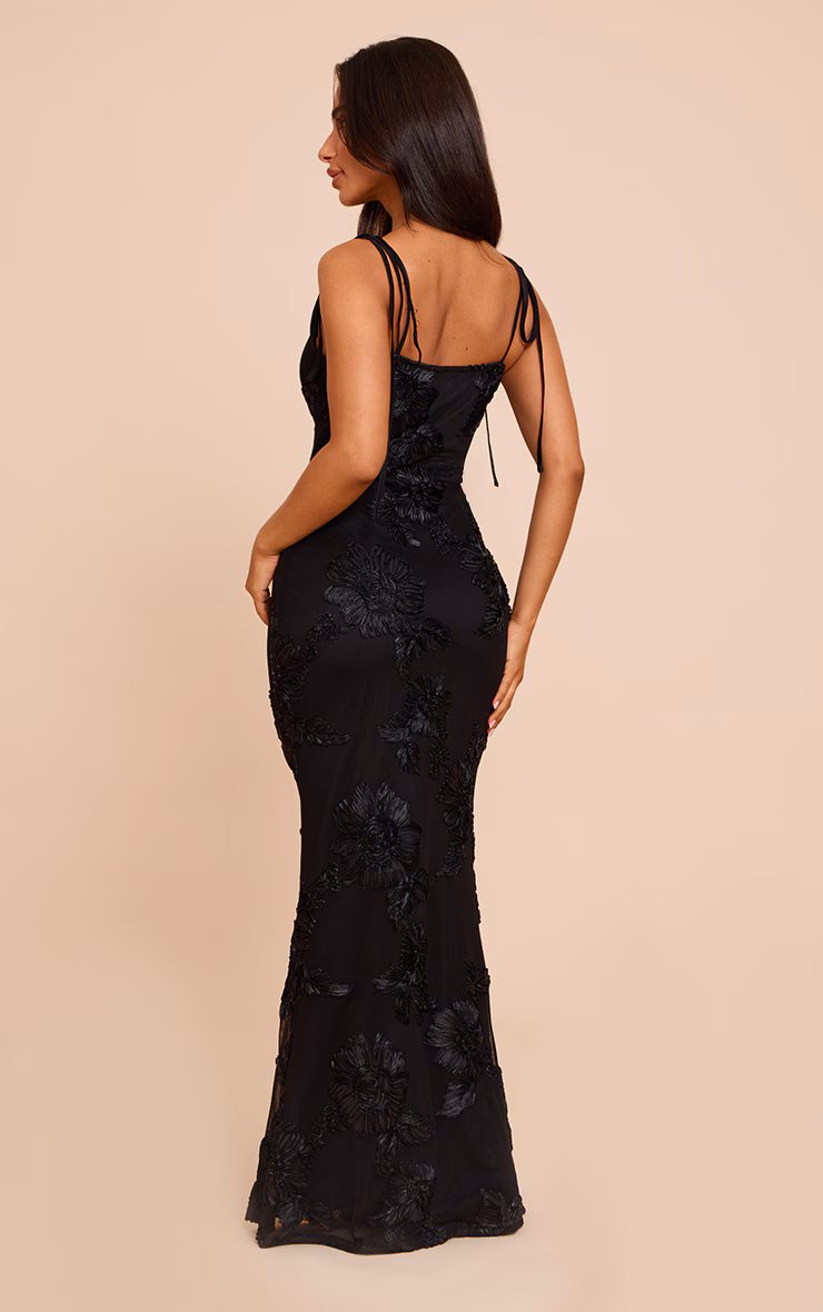 Petite Black Flower Detail Maxi Dress