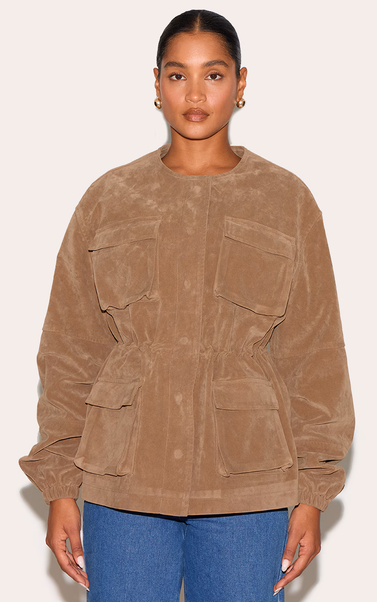 Mushroom Structured Faux Suede Pocket Detail Adjustable Waist Jacket