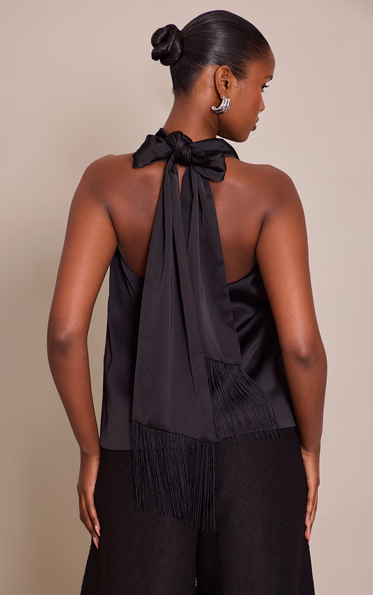 Black Satin Fringe Detail Top