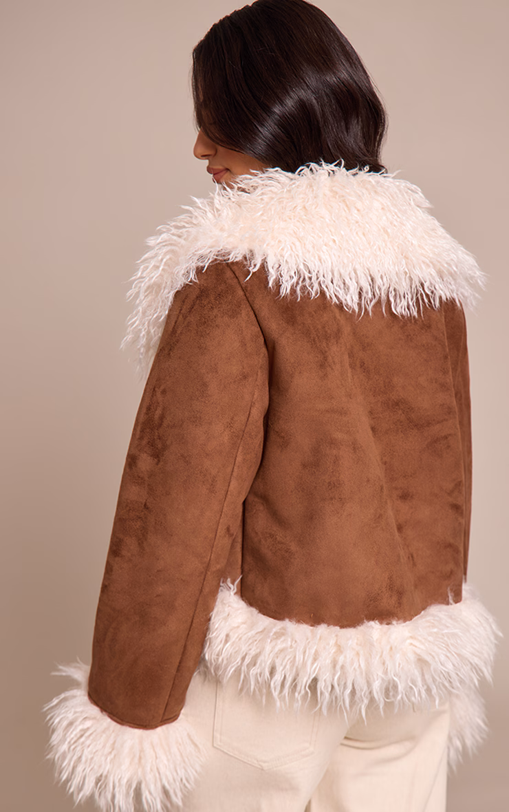 Petite Brown Faux Suede Fur Trim Afghan Coat