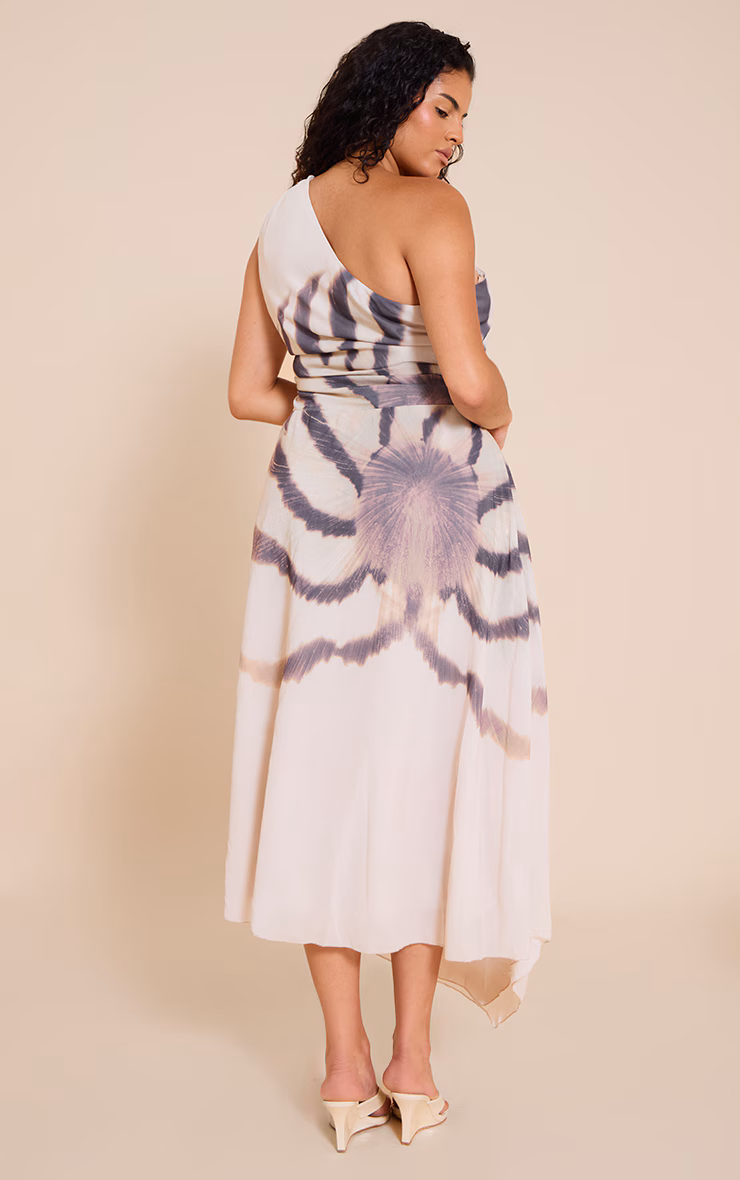 Plus Almond Printed Chiffon One Shoulder Maxi Dress
