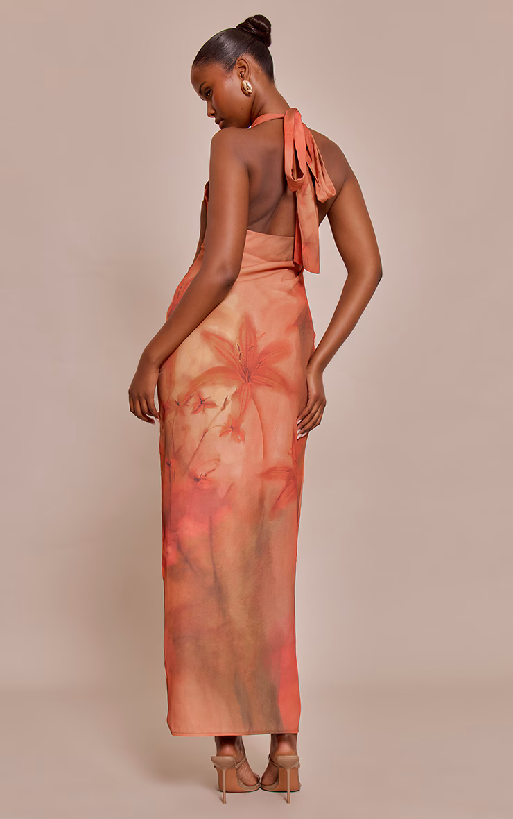 Orange Floral Printed Chiffon High Neck Maxi Dress