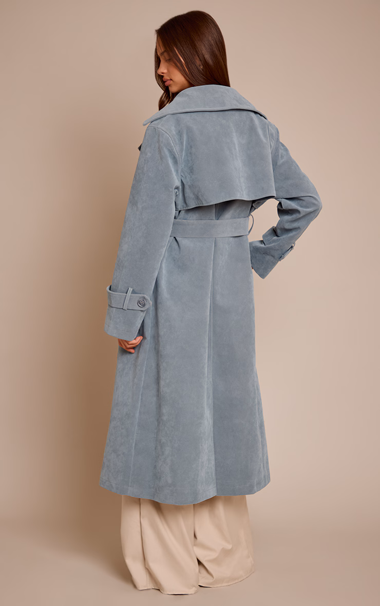 Dusty Blue Faux Suede Belted Trench Coat
