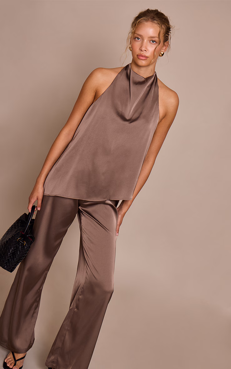 Mushroom Satin Draped Halterneck Wide Leg Jumpsuit