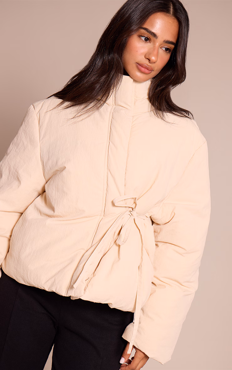 Petite Cream High Neck Tie Waist Quilted Jacket