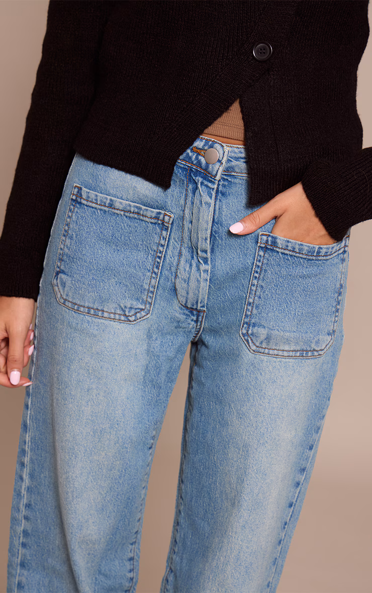 Mid Blue Wash Hem Seam Detail Front Pocket Jeans