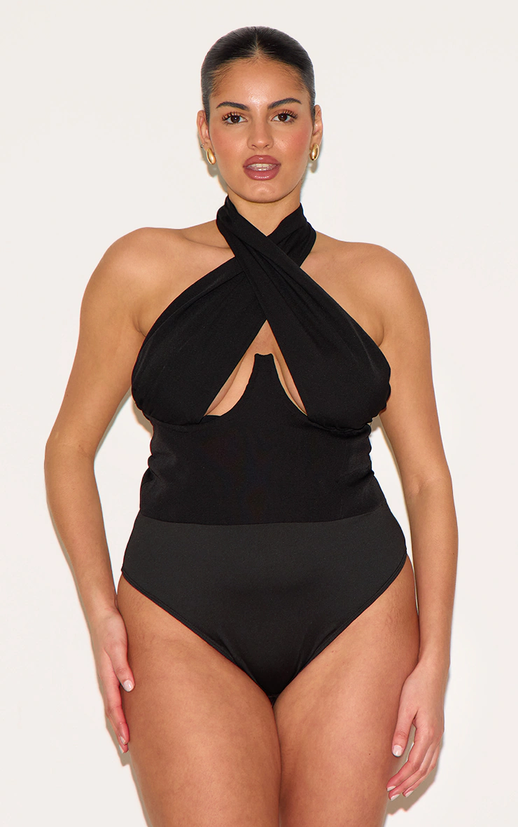 Plus Black Woven Cross Front Underwired Bodysuit
