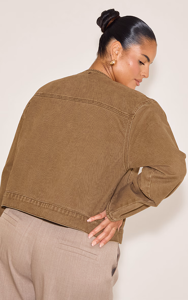 Plus Brown Collarless Detail Denim Jacket