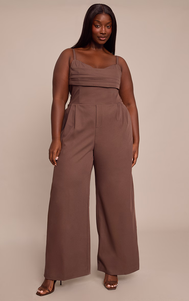 Plus Chocolate Tailored Panel Detail Wide Leg Jumpsuit