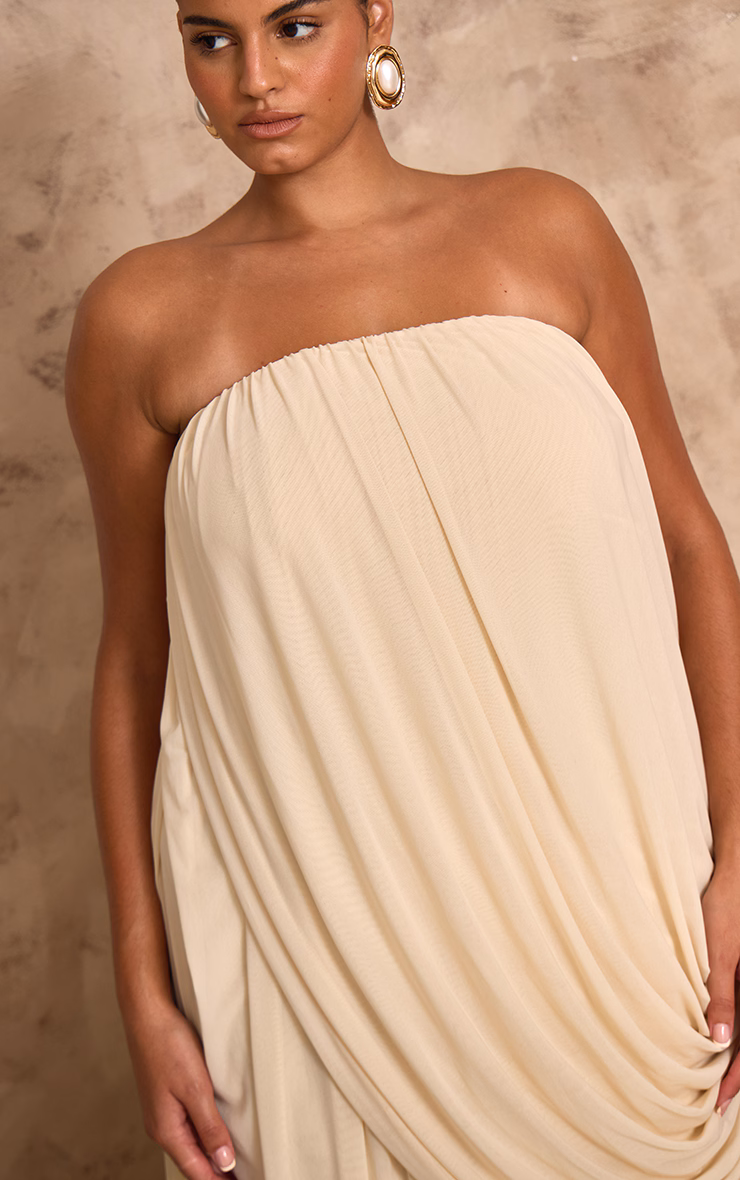 PLT Label Plus Cream Mesh Drape Bandeau Maxi Dress