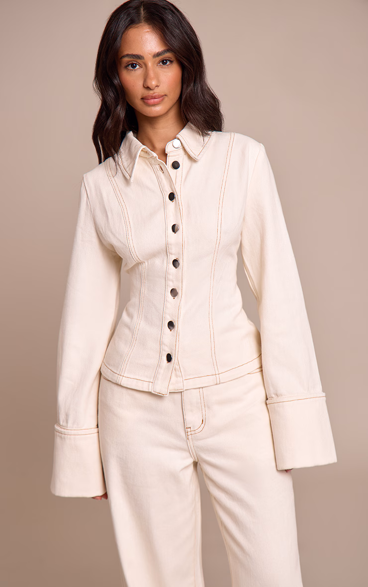 Petite Ecru Contrast Stitch Long Sleeve Fitted Denim Shirt