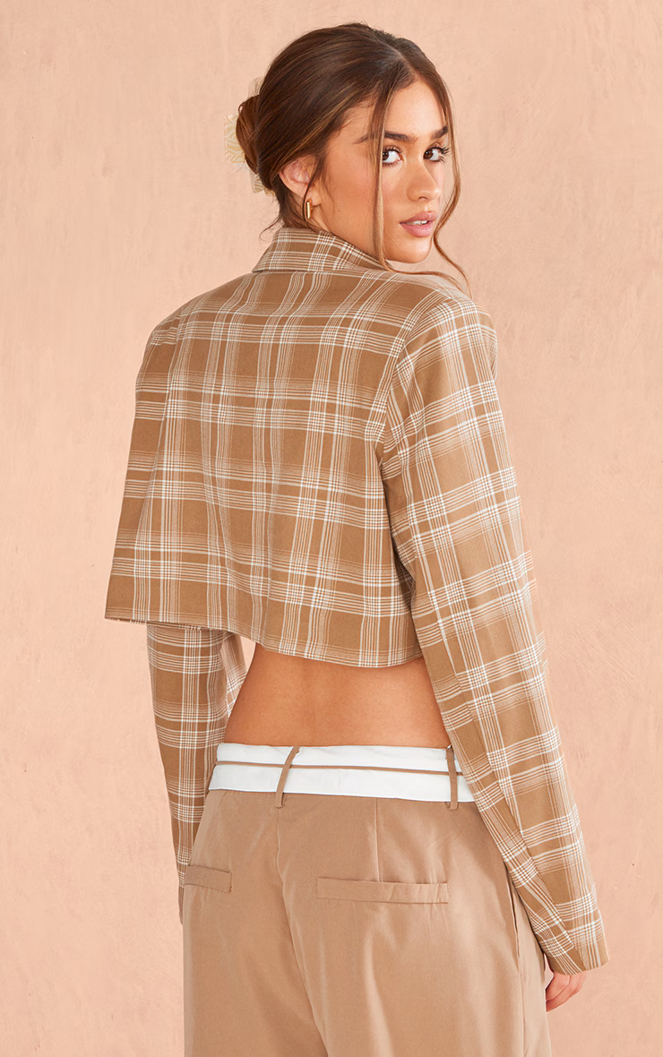 Sand Check Asymmetric Hem Boxy Crop Blazer