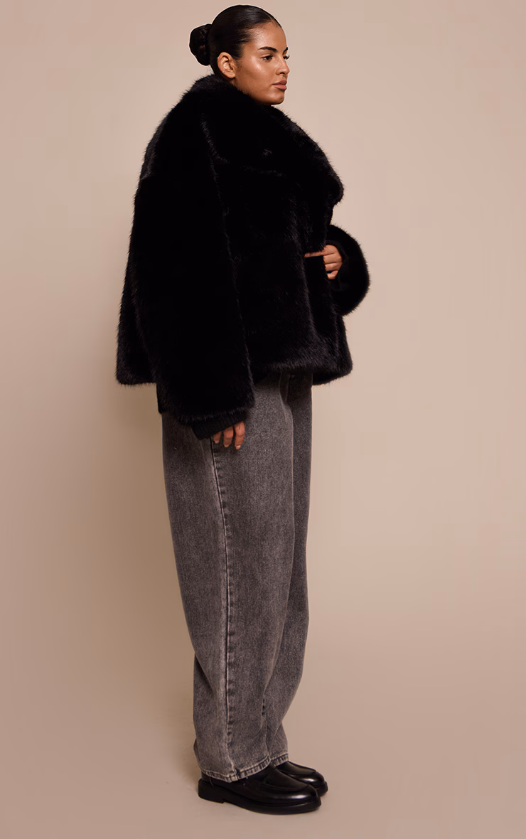 Plus Black Faux Fur Short Shawl Collar Coat