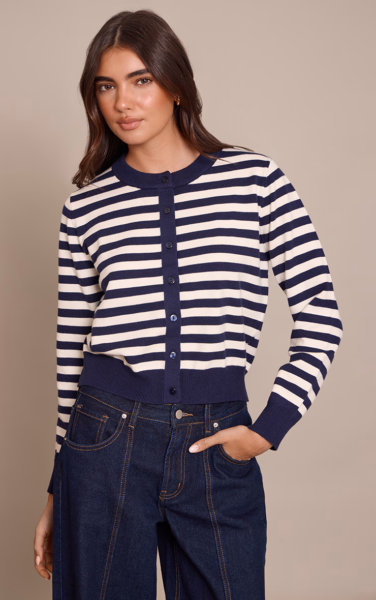 Navy Striped Button Up Compact Knit Cardigan