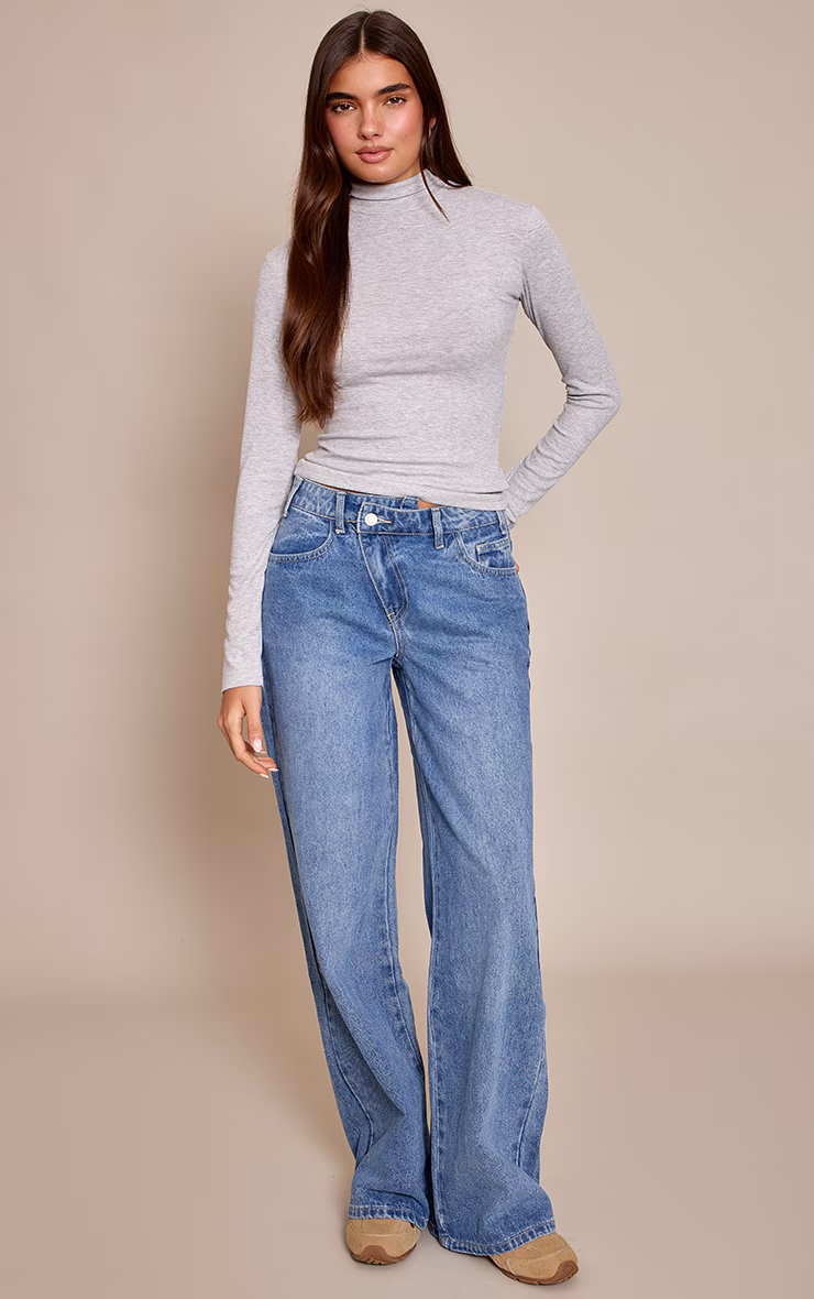 Mid Blue Asymmetric Waistband Wide Leg Jeans