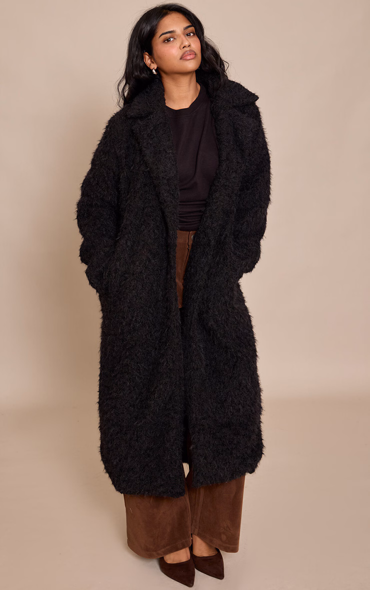 Petite Black Borg Button Up Maxi Coat