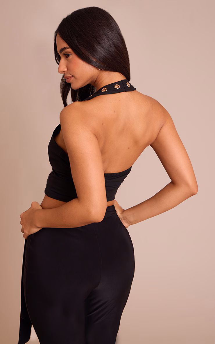 Petite Black Halterneck Eyelet Detail Long Top