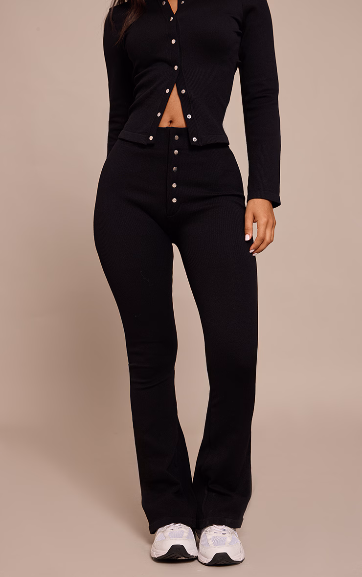 Petite Black Snatched Rib Button Detail Flare Leggings