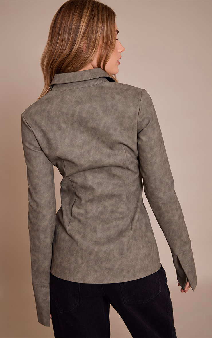 Olive Textured Faux Leather Fitted Shirt