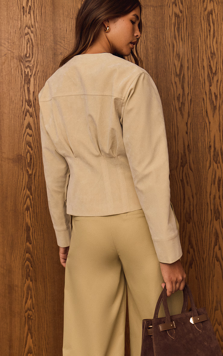 Ecru Faux Suede Covered Button Cinch Waist Jacket