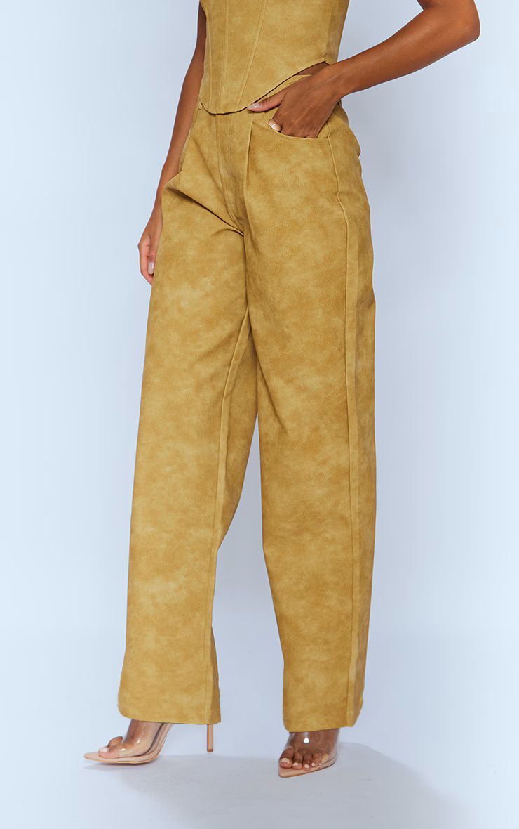 Mustard Washed Faux Leather Dart Pocket Straight Leg Pants
