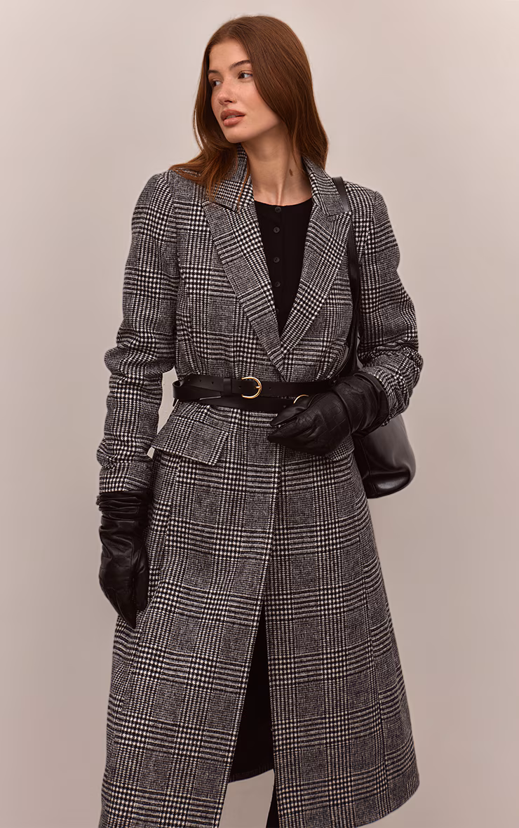 Black Checked Single Breasted Seam Detail Wool Look Maxi Coat