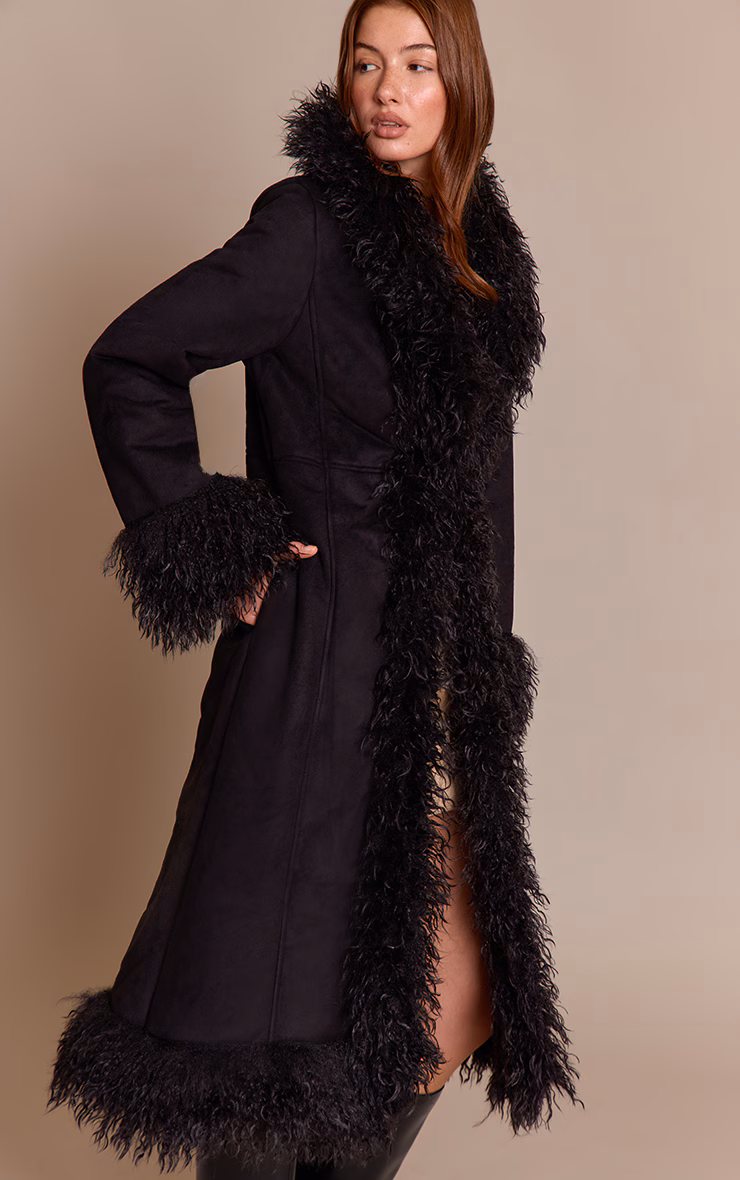 Black Faux Fur Trim Maxi Coat