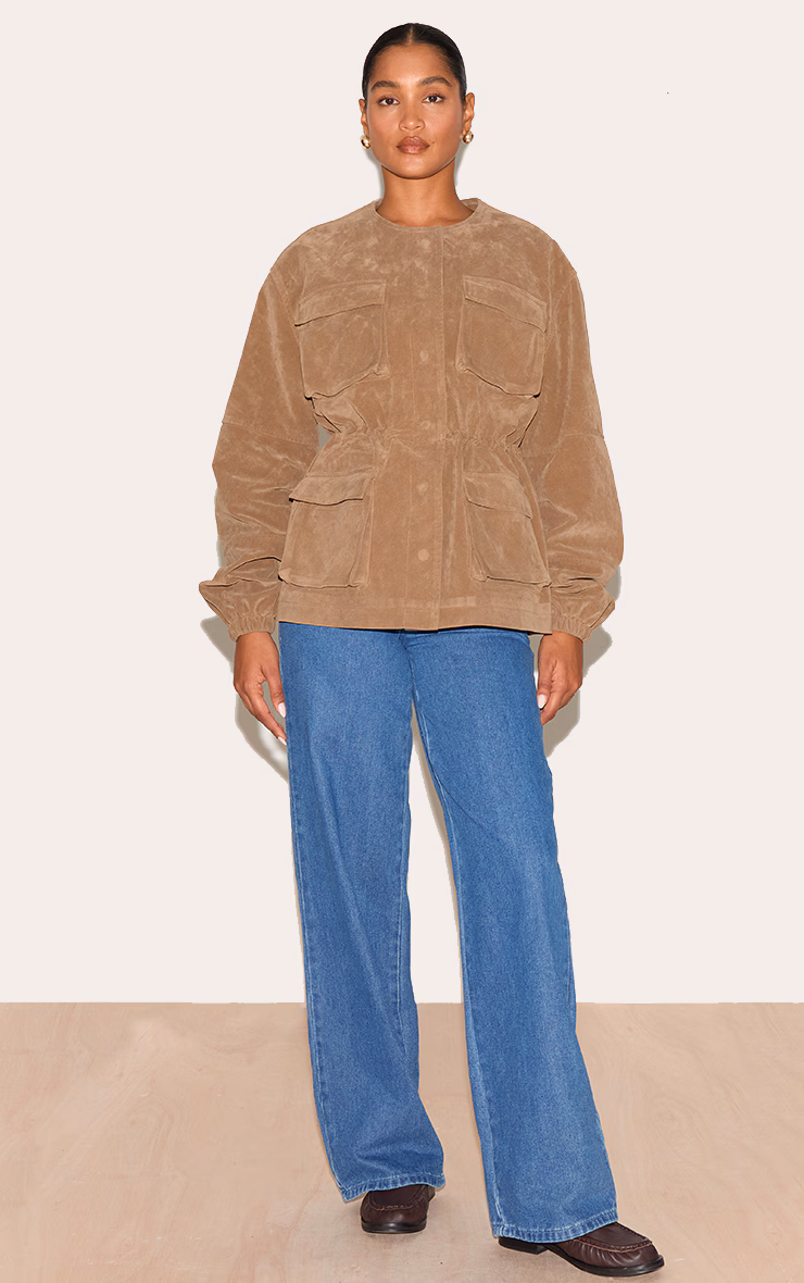 Mushroom Structured Faux Suede Pocket Detail Adjustable Waist Jacket