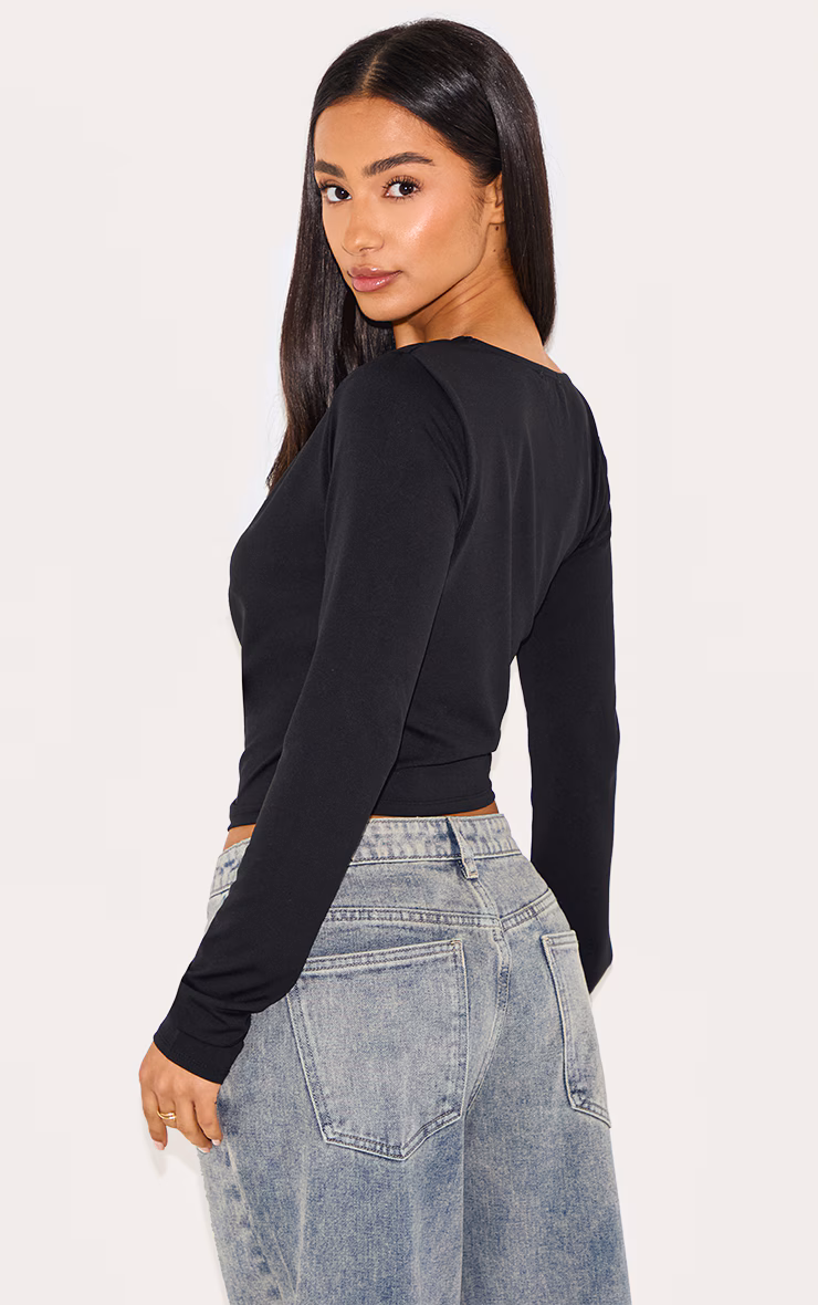 Petite Black Slinky Long Sleeve Ruched Side Top