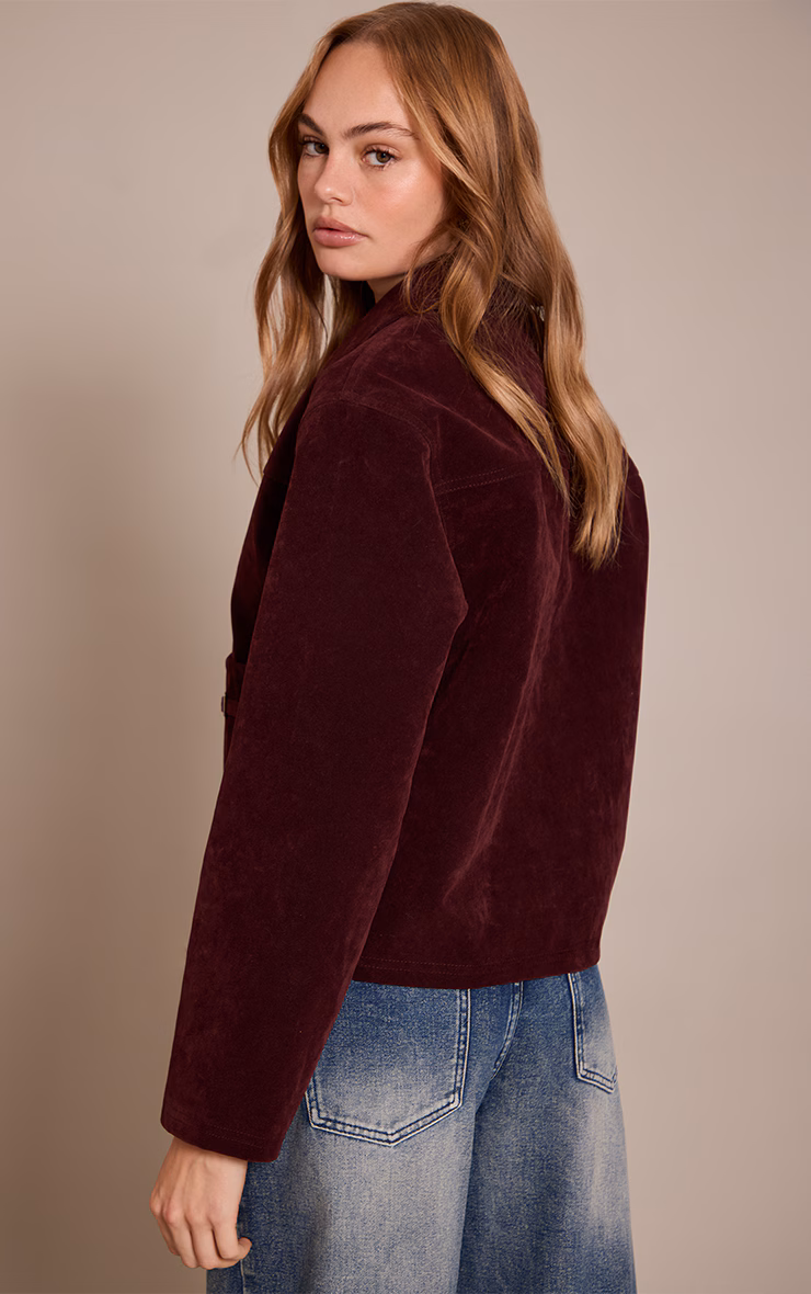 Burgundy Pocket Trim Faux Suede Jacket