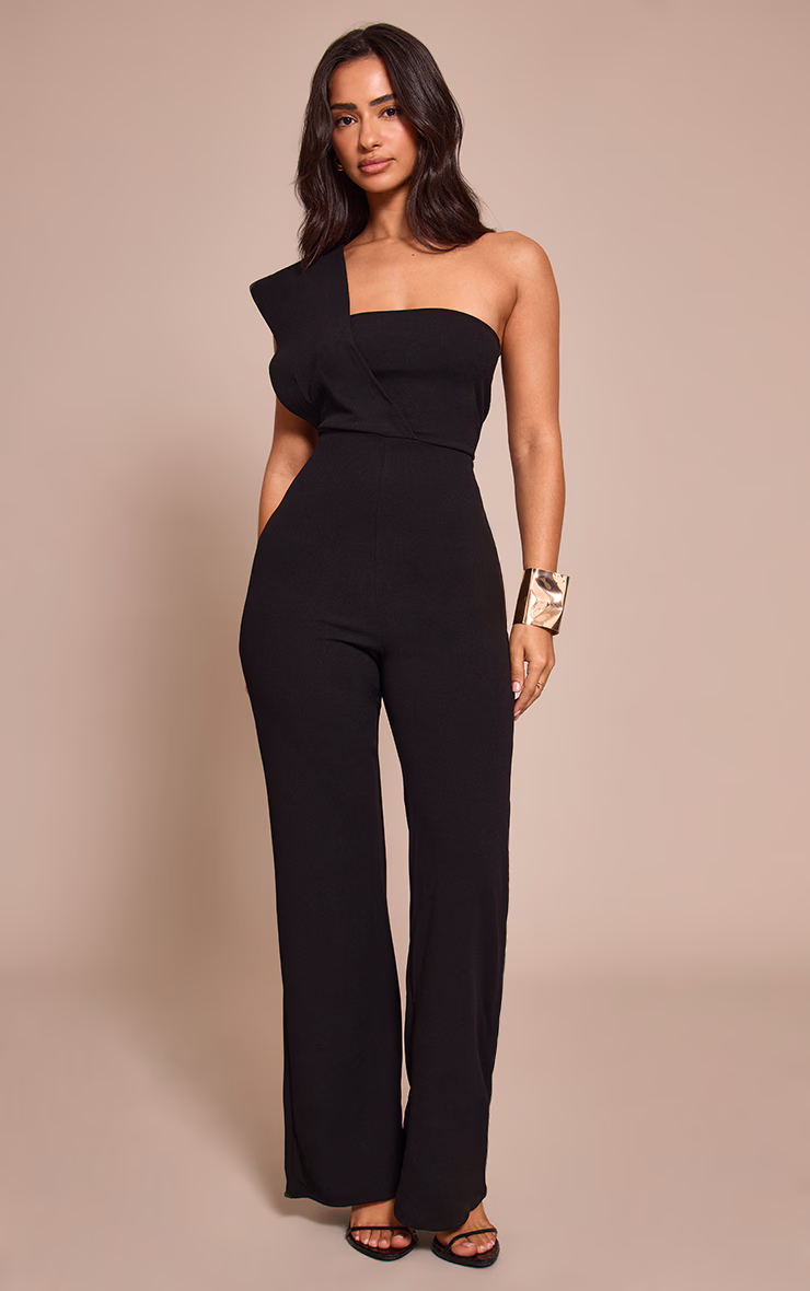 Petite Black One Shoulder Drape Jumpsuit