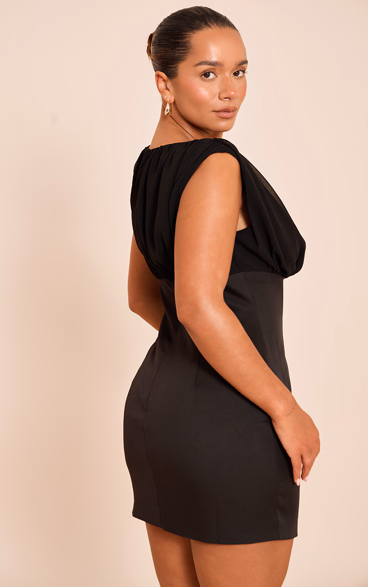 Shape Black Boat Neck Ruched Front Mini Dress