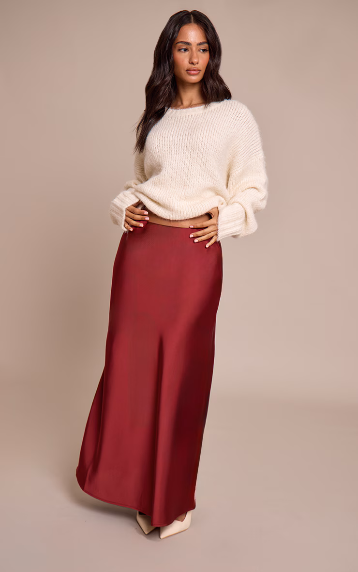 Petite Burgundy Satin Flowy Maxi Skirt