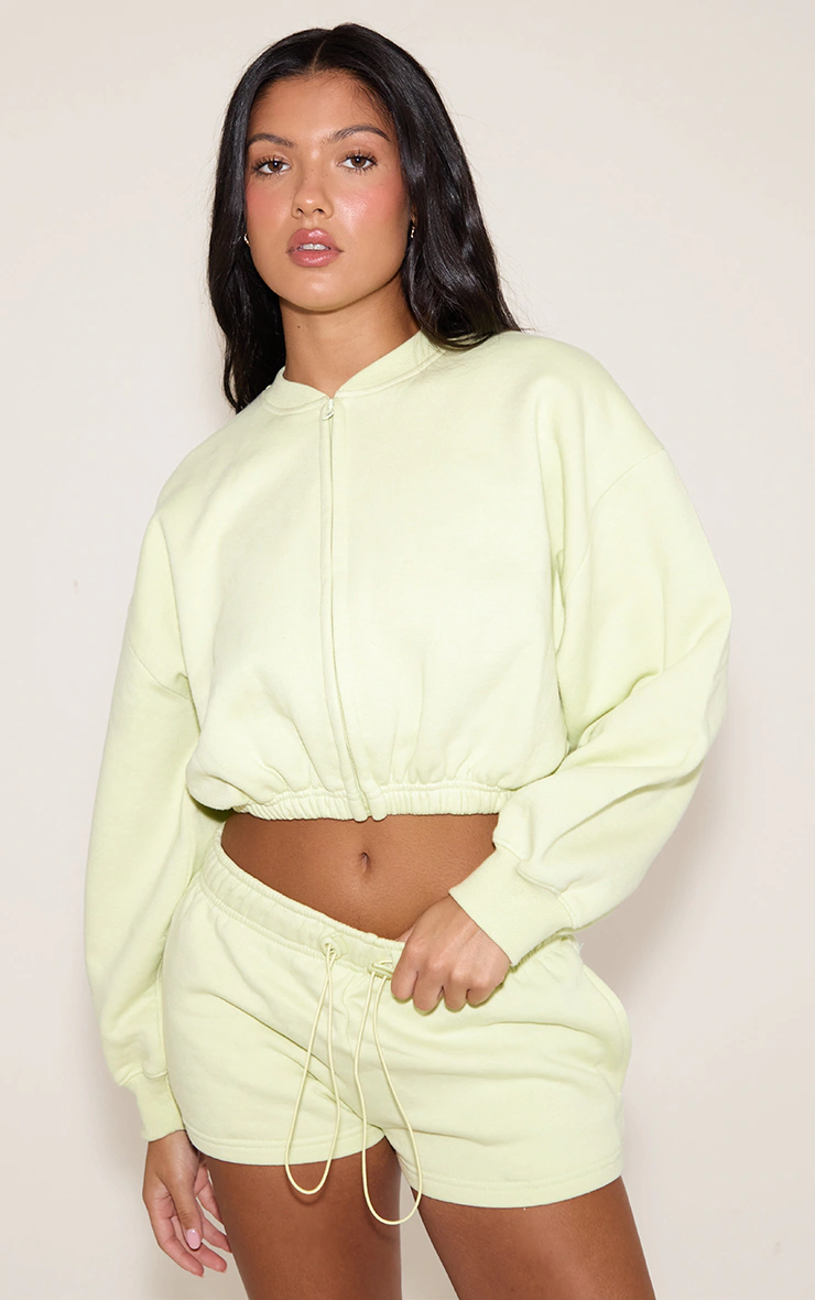 Lime Drawcord Waist Cropped Zip Up Sweatshirt