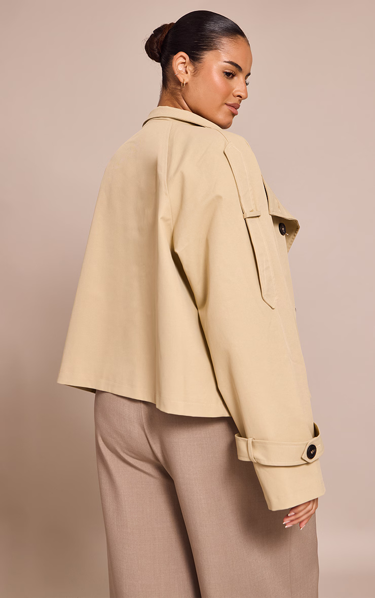 Plus Beige Double Breasted Funnel Neck Cropped Trench Coat
