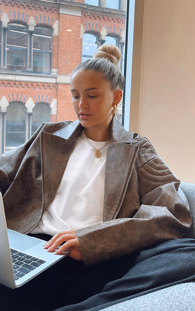 Brown Oversized Faux Leather Distressed Look Biker Jacket