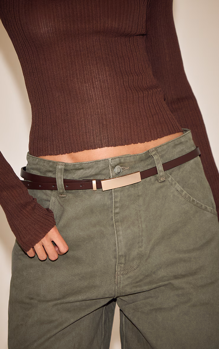 Chocolate PU Elongated Gold Buckle Skinny Belt