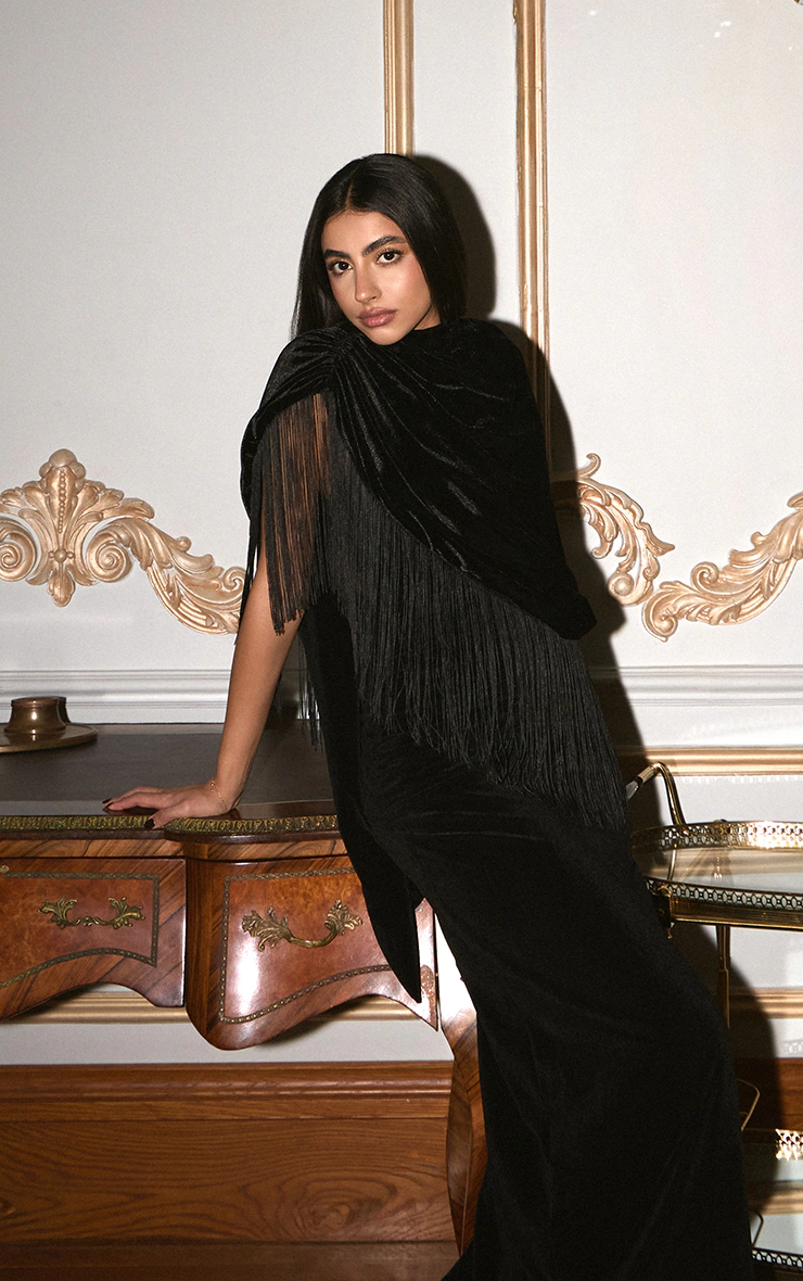 Black Velvet Cape Tassel Hem Long Top