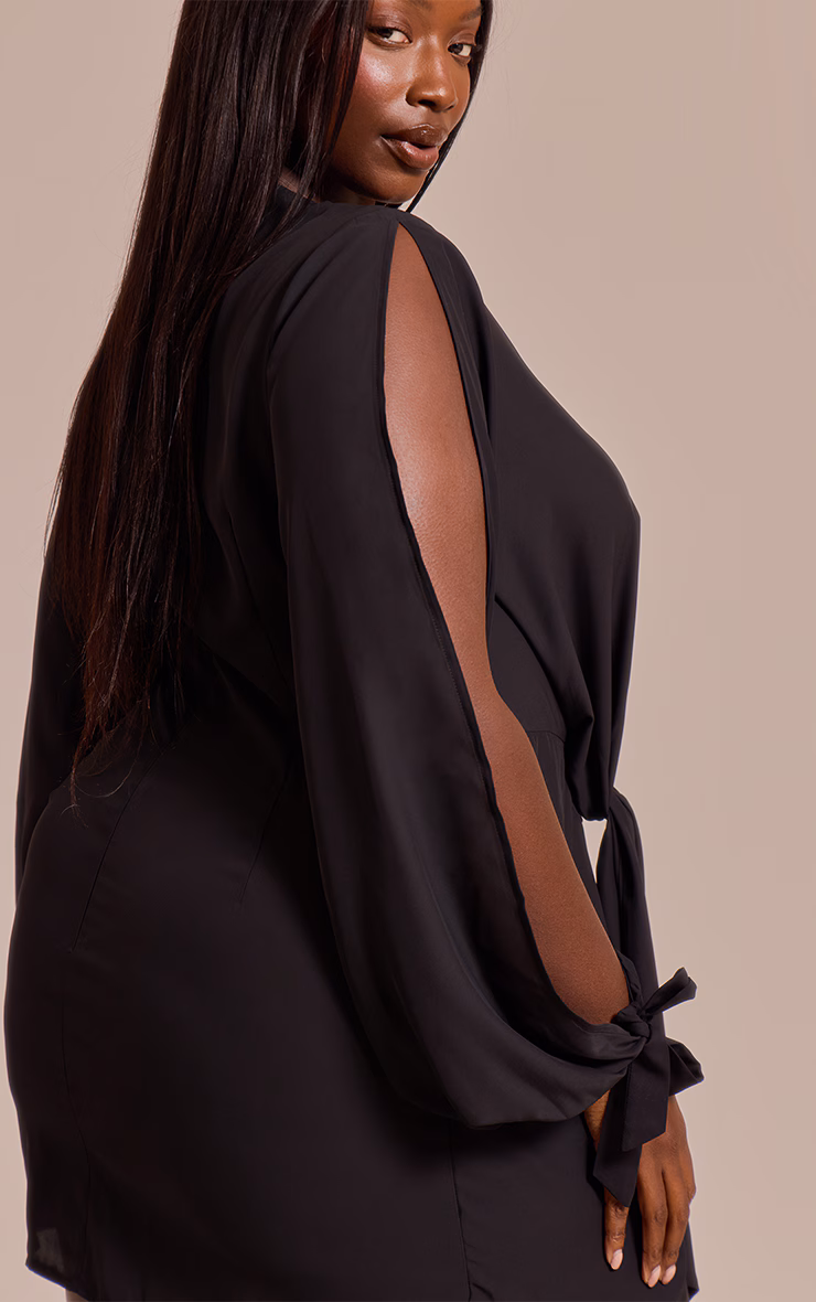 Plus Black Satin Twist Front Open Sleeve Wrap Mini Dress